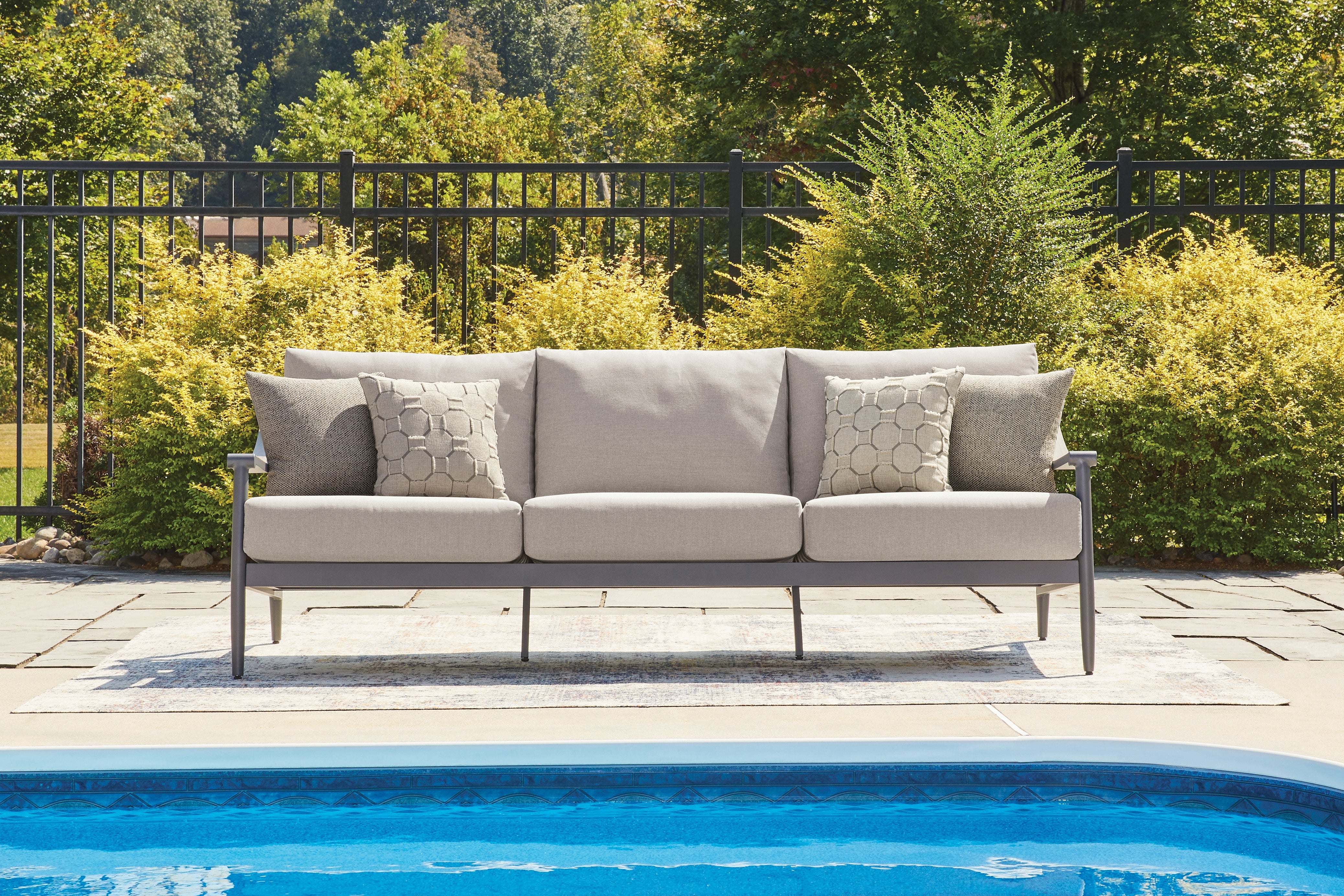 Fine Furniture & Decor - Ashley Furniture - Ocean Beach Outdoor - Sofa with Cushion / Gray - PCP510-838