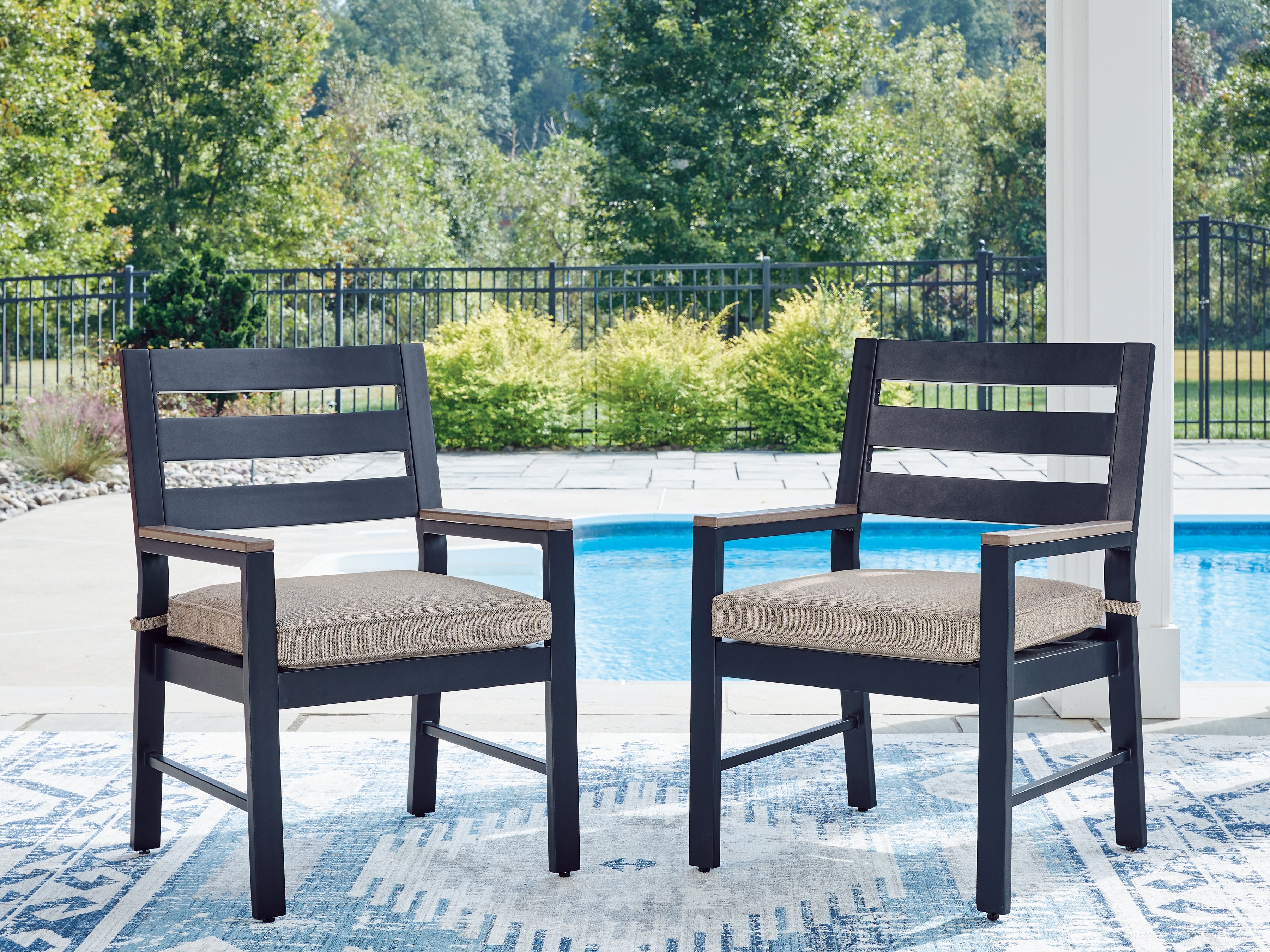 Fine Furniture & Decor - Ashley Furniture - East Beach Outdoor - Arm Chair With Cushion (Set of 2) / Navy Blue/Driftwood - PCP587-601A