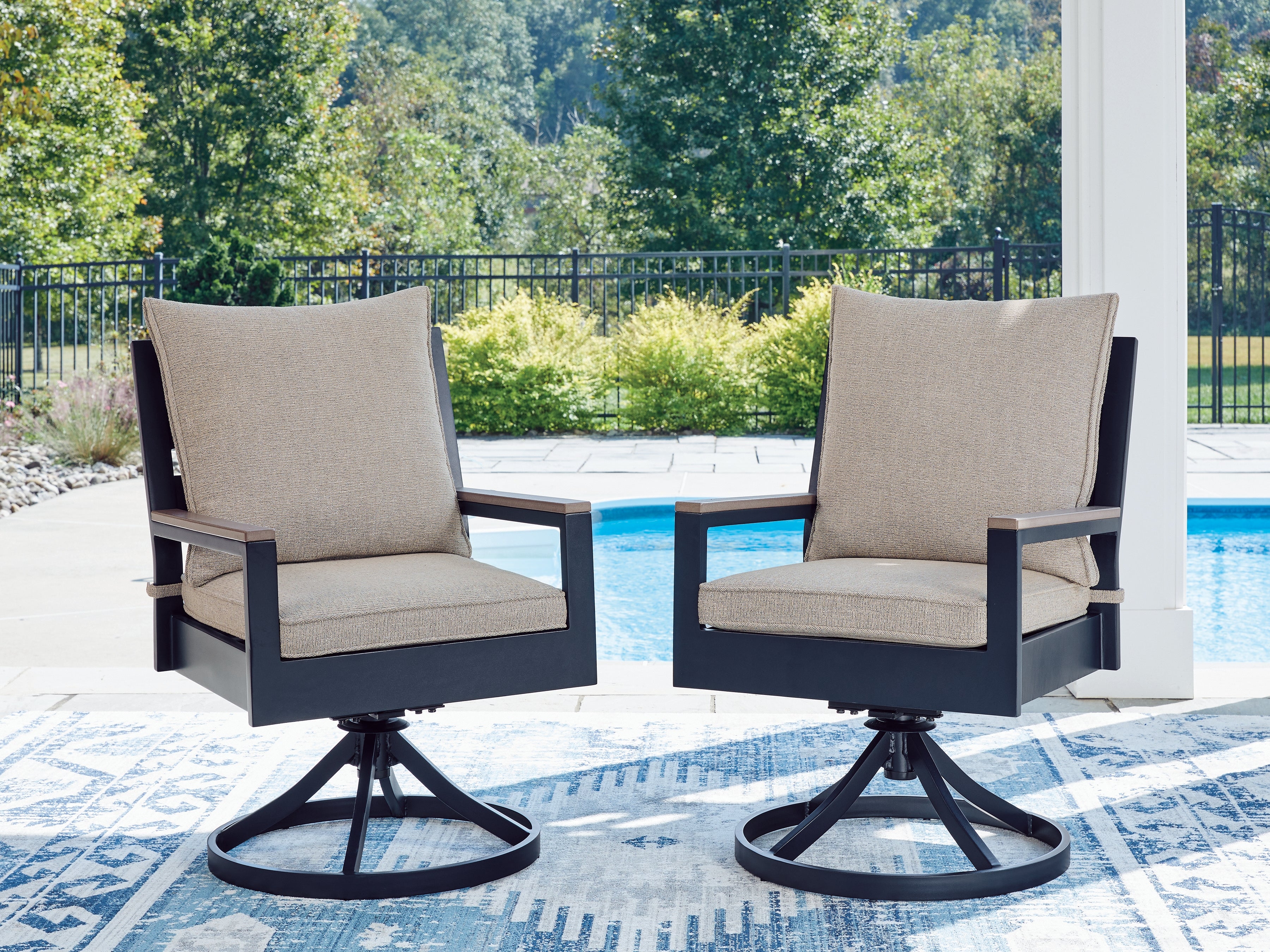 Fine Furniture & Decor - Ashley Furniture - East Beach Outdoor - Swivel Chair w/Cushion (Set of 2) / Navy Blue/Driftwood - PCP587-602A