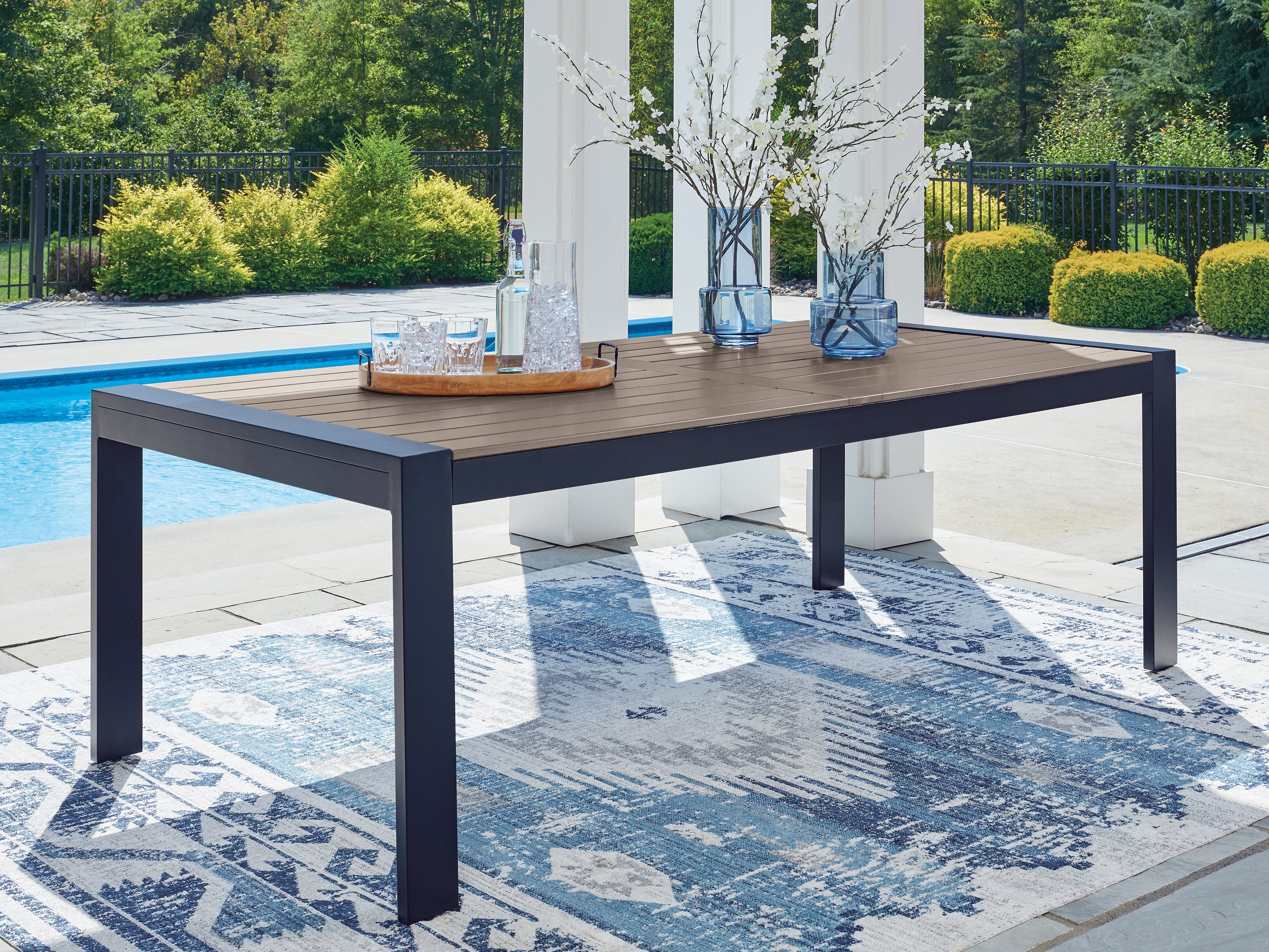 Fine Furniture & Decor - Ashley Furniture - East Beach Outdoor - RECT Dining Table w/UMB OPT / Navy Blue/Driftwood - PCP587-625