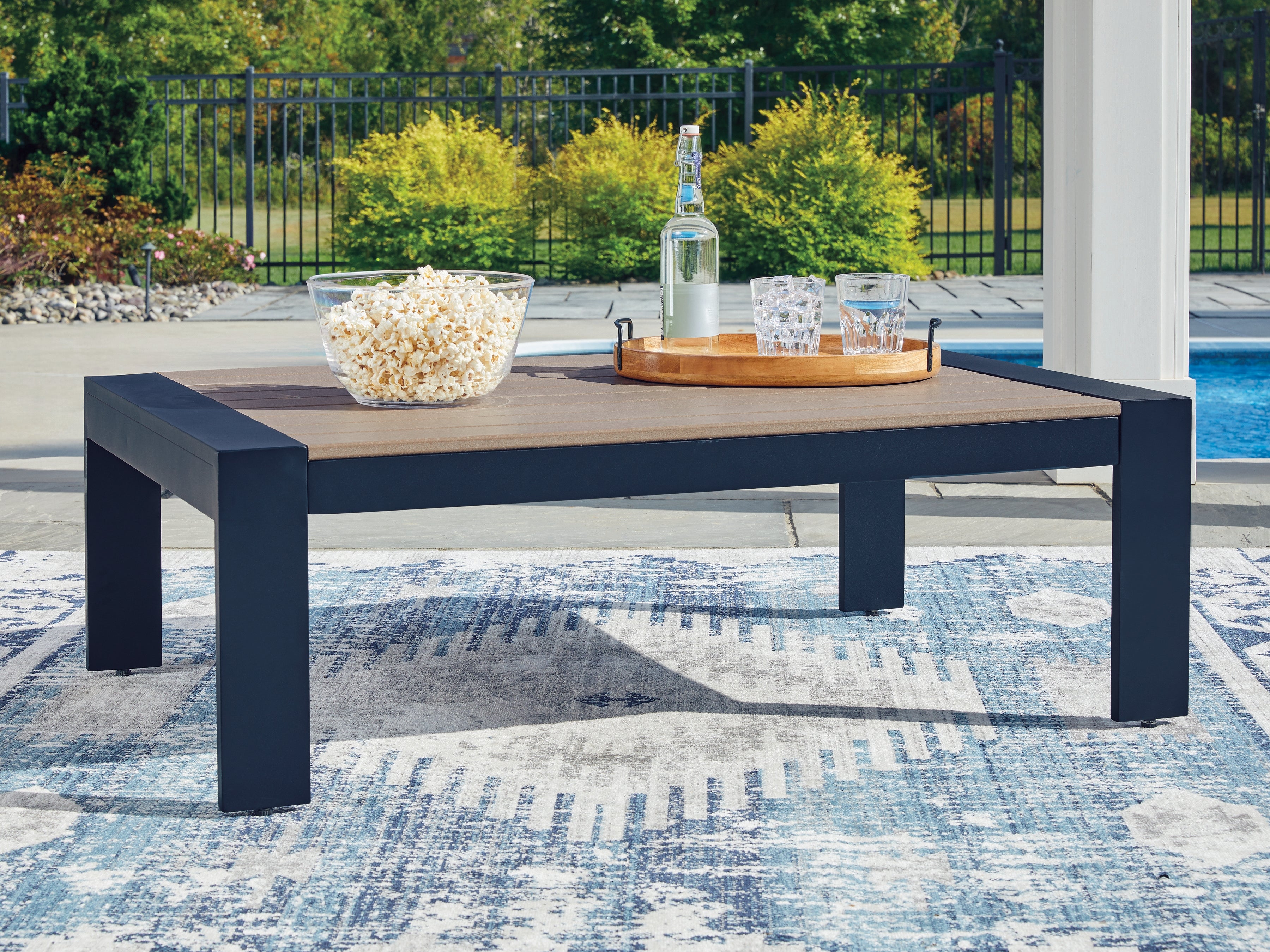 Fine Furniture & Decor - Ashley Furniture - East Beach Outdoor - Rectangular Cocktail Table / Navy Blue/Driftwood - PCP587-701
