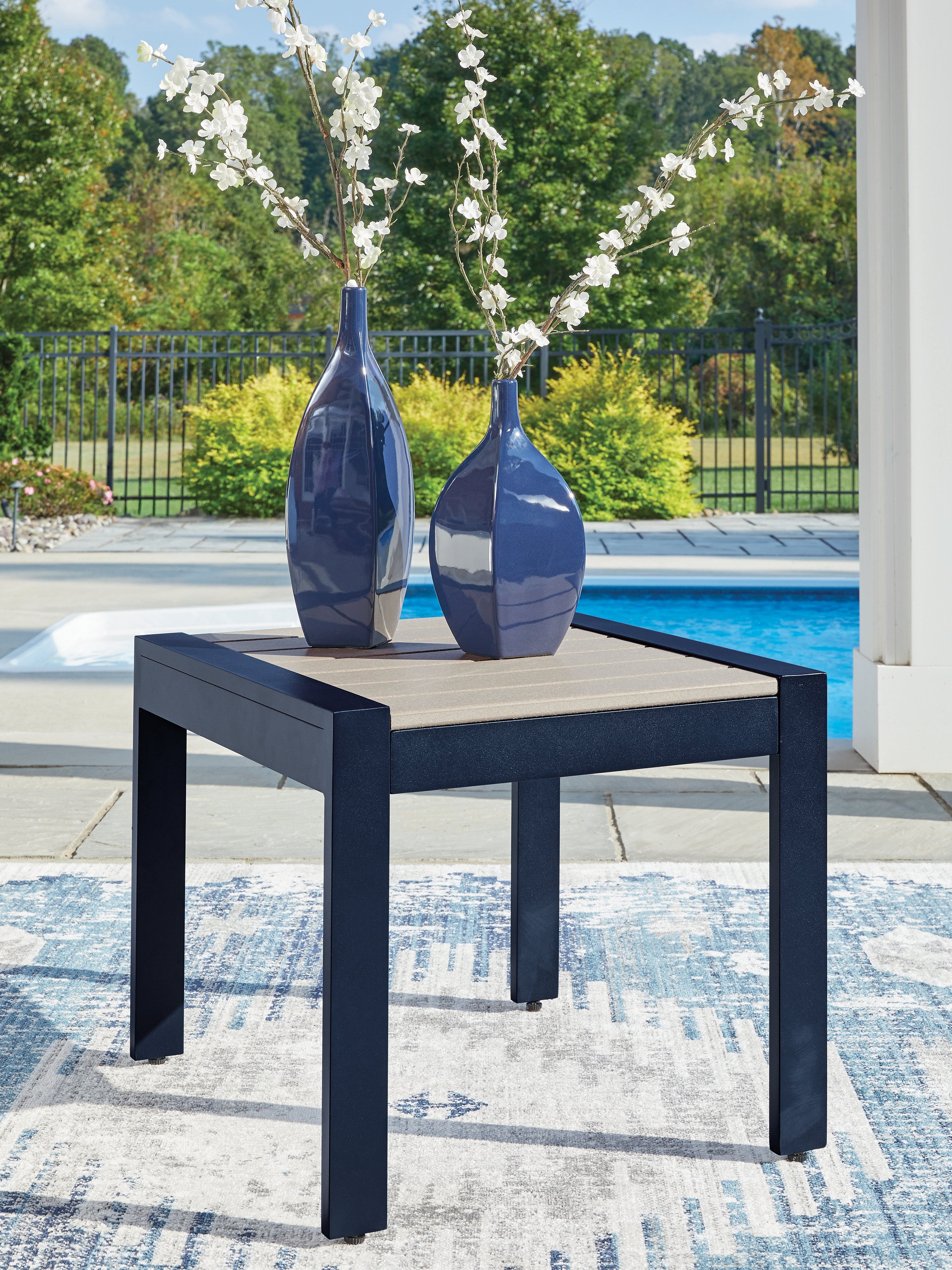 Fine Furniture & Decor - Ashley Furniture - East Beach Outdoor - Rectangular End Table / Navy Blue/Driftwood - PCP587-703