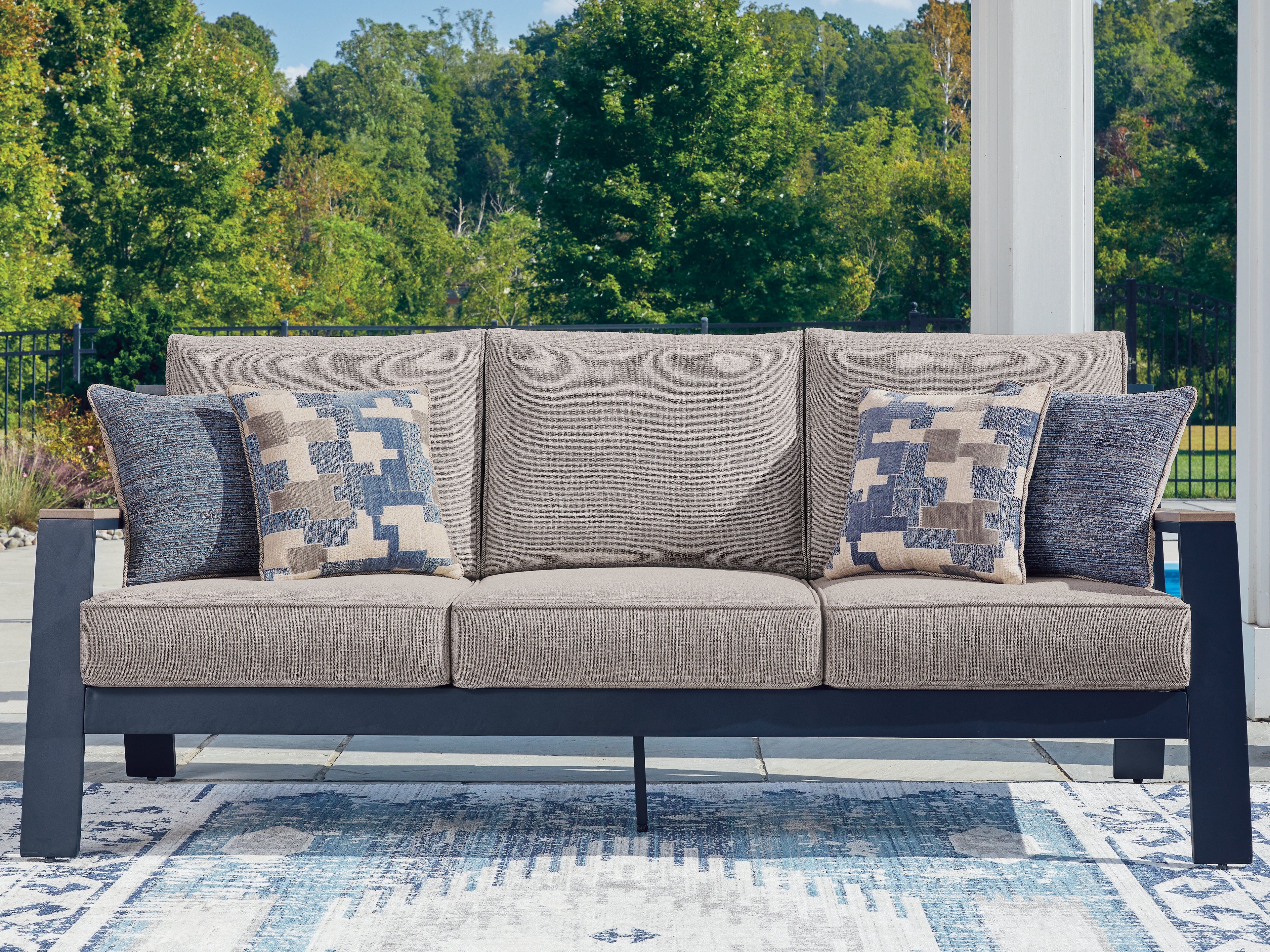 Fine Furniture & Decor - Ashley Furniture - East Beach Outdoor - Sofa with Cushion / Navy Blue/Driftwood - PCP587-838