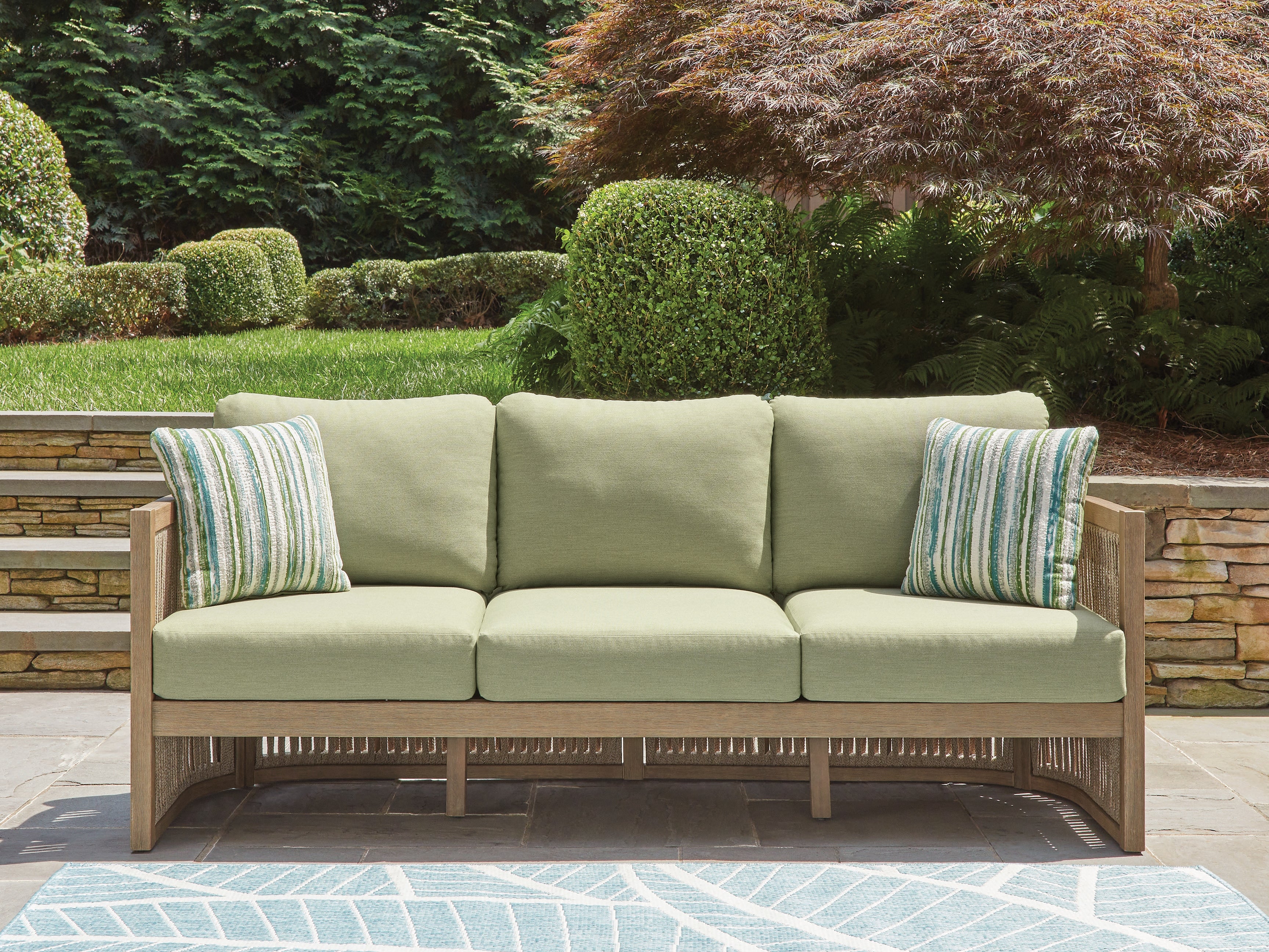 Fine Furniture & Decor - Ashley Furniture - Serena Shores Outdoor - Sofa with Cushion / Beige/Green - PCP604-838