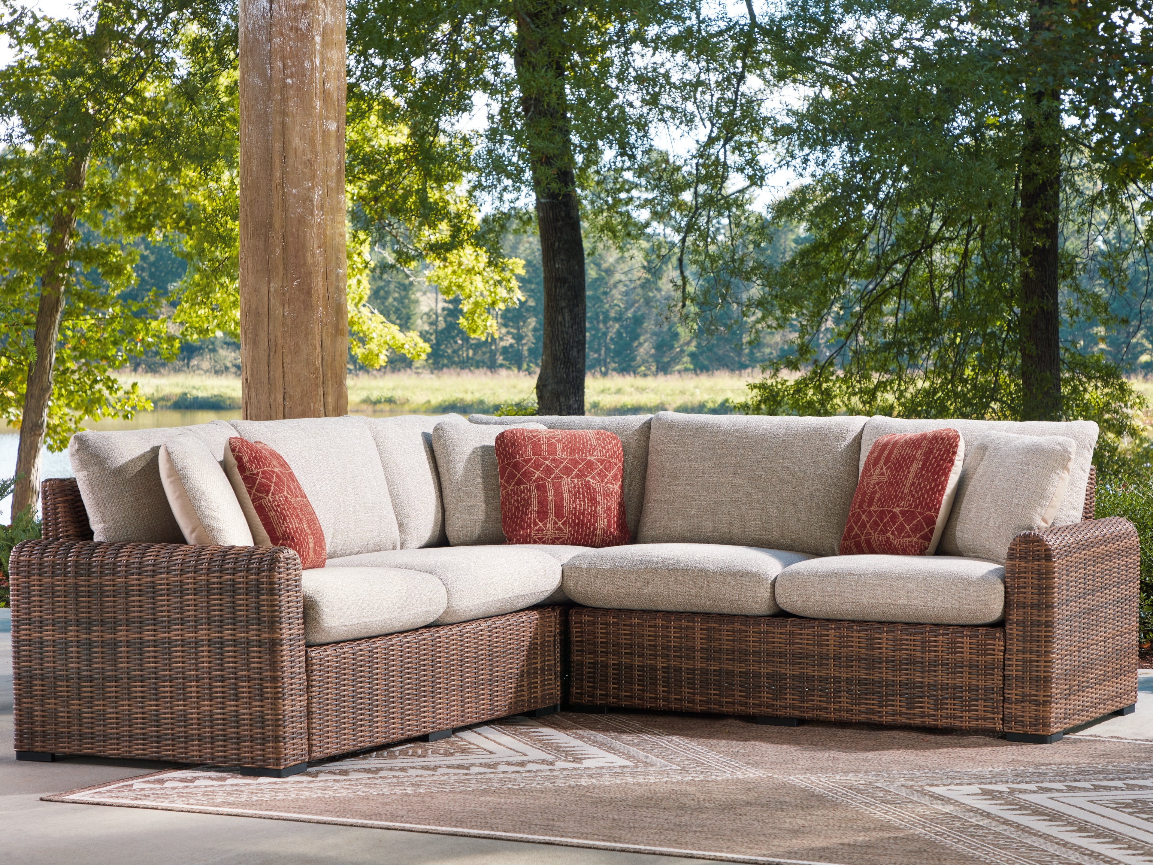 Fine Furniture & Decor - Ashley Furniture - Dolan Creek Outdoor - 3-Piece Outdoor Sectional / Beige/Brown - PCP610P1