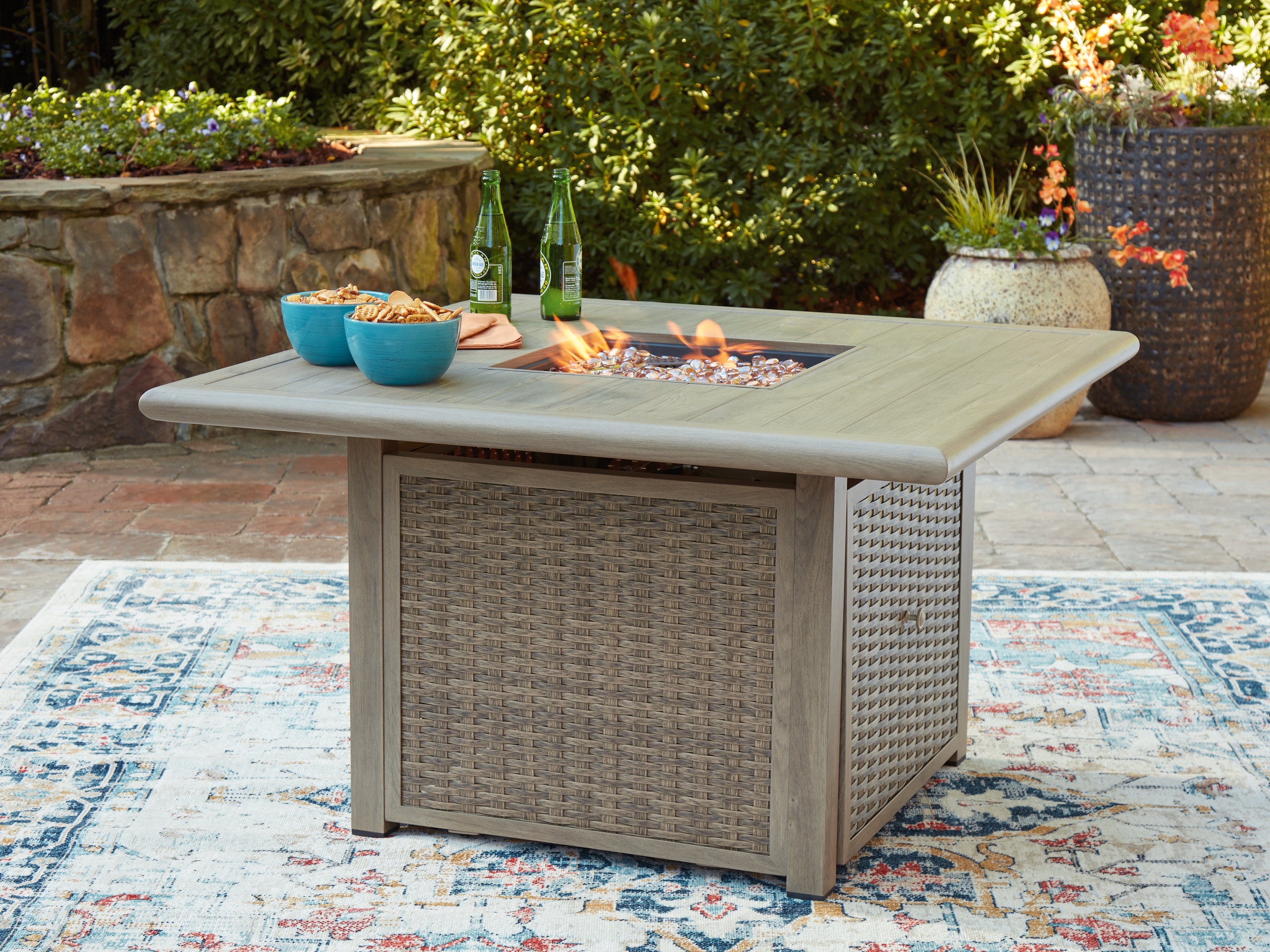 Fine Furniture & Decor - Ashley Furniture - Cliff Trails Outdoor - Square Fire Pit Table / Beige - PCP690-772