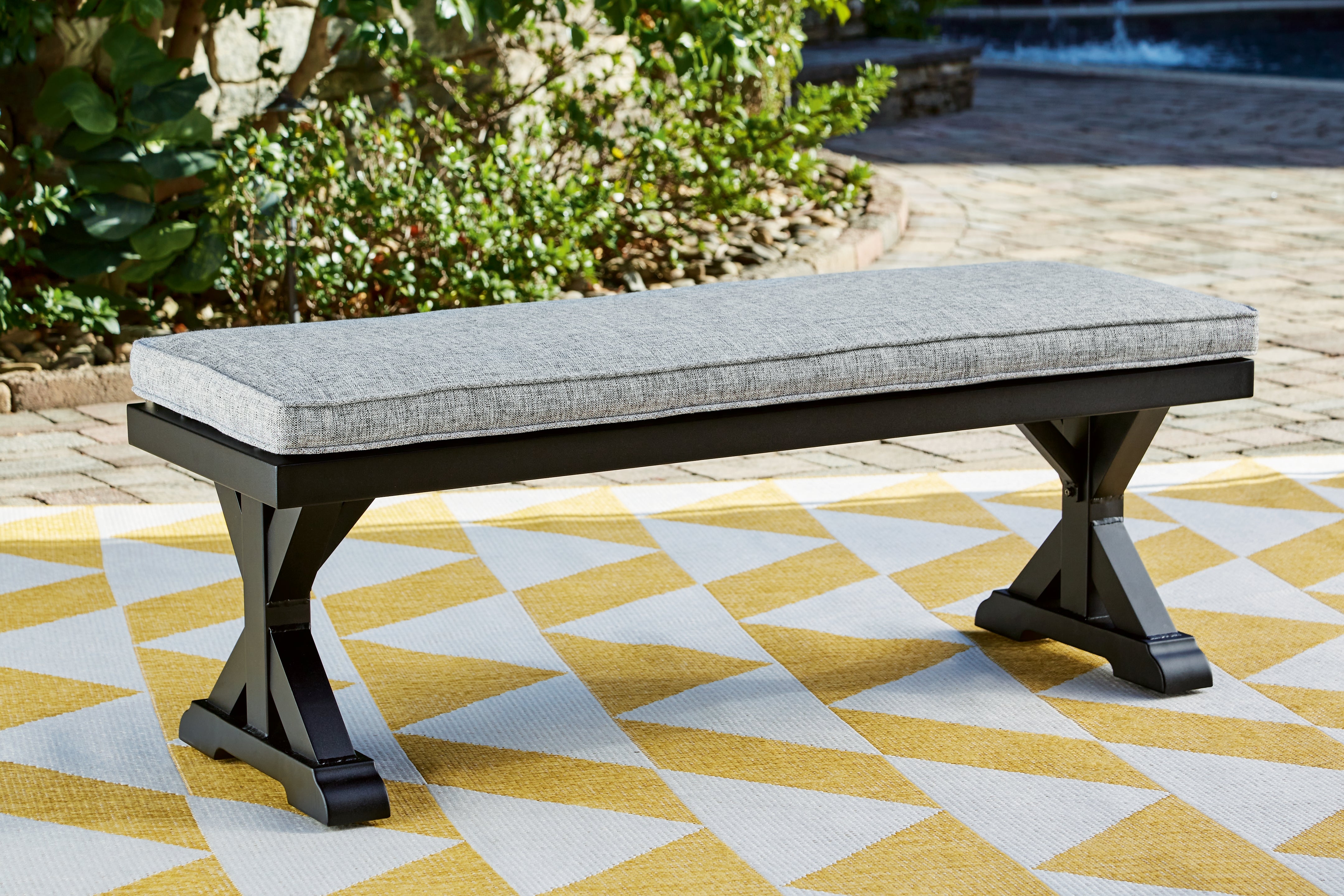 Fine Furniture & Decor - Ashley Furniture - Beachcroft Outdoor - Bench with Cushion / Black/Light Gray - P792-600