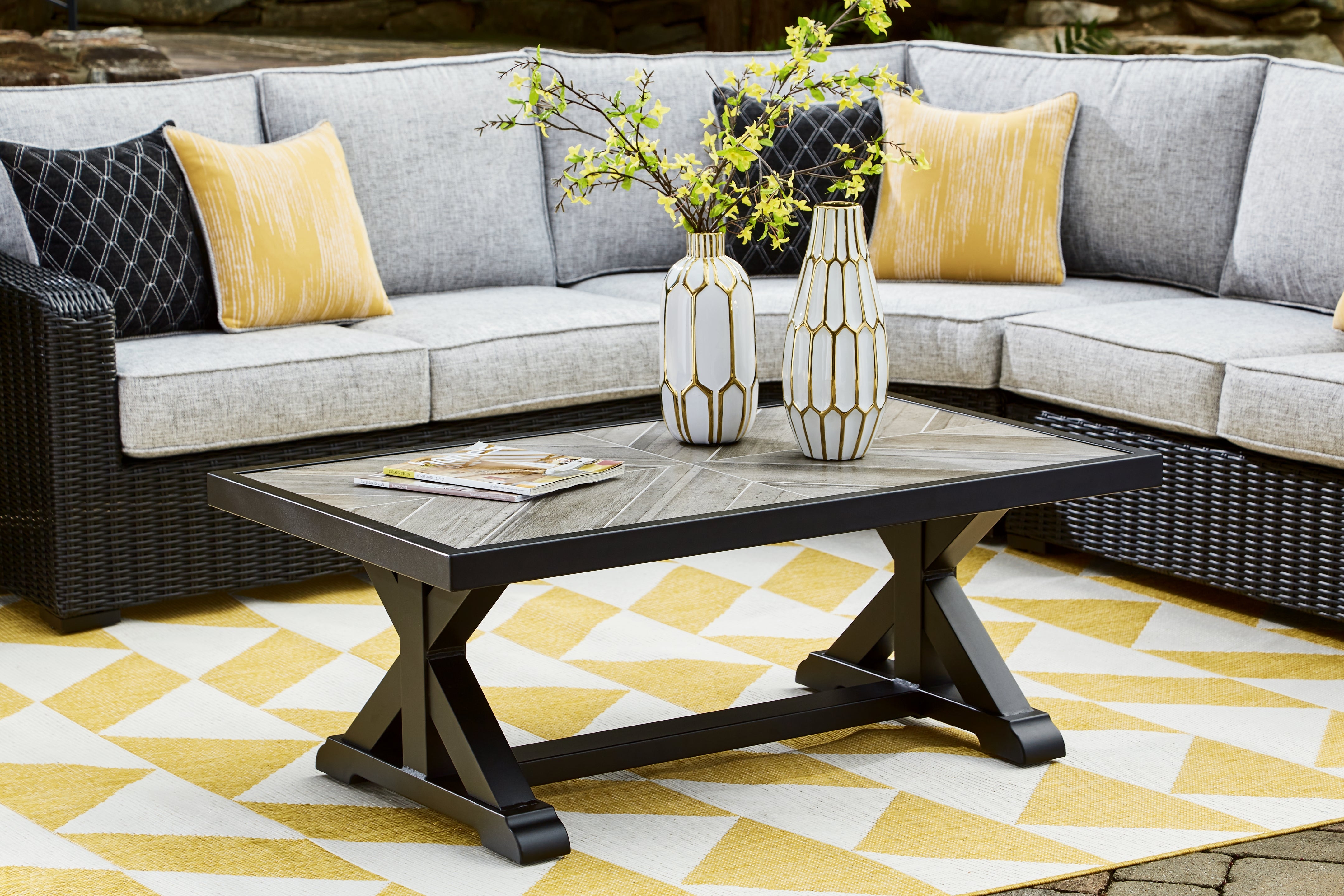 Fine Furniture & Decor - Ashley Furniture - Beachcroft Outdoor - Rectangular Cocktail Table / Black/Light Gray - P792-701