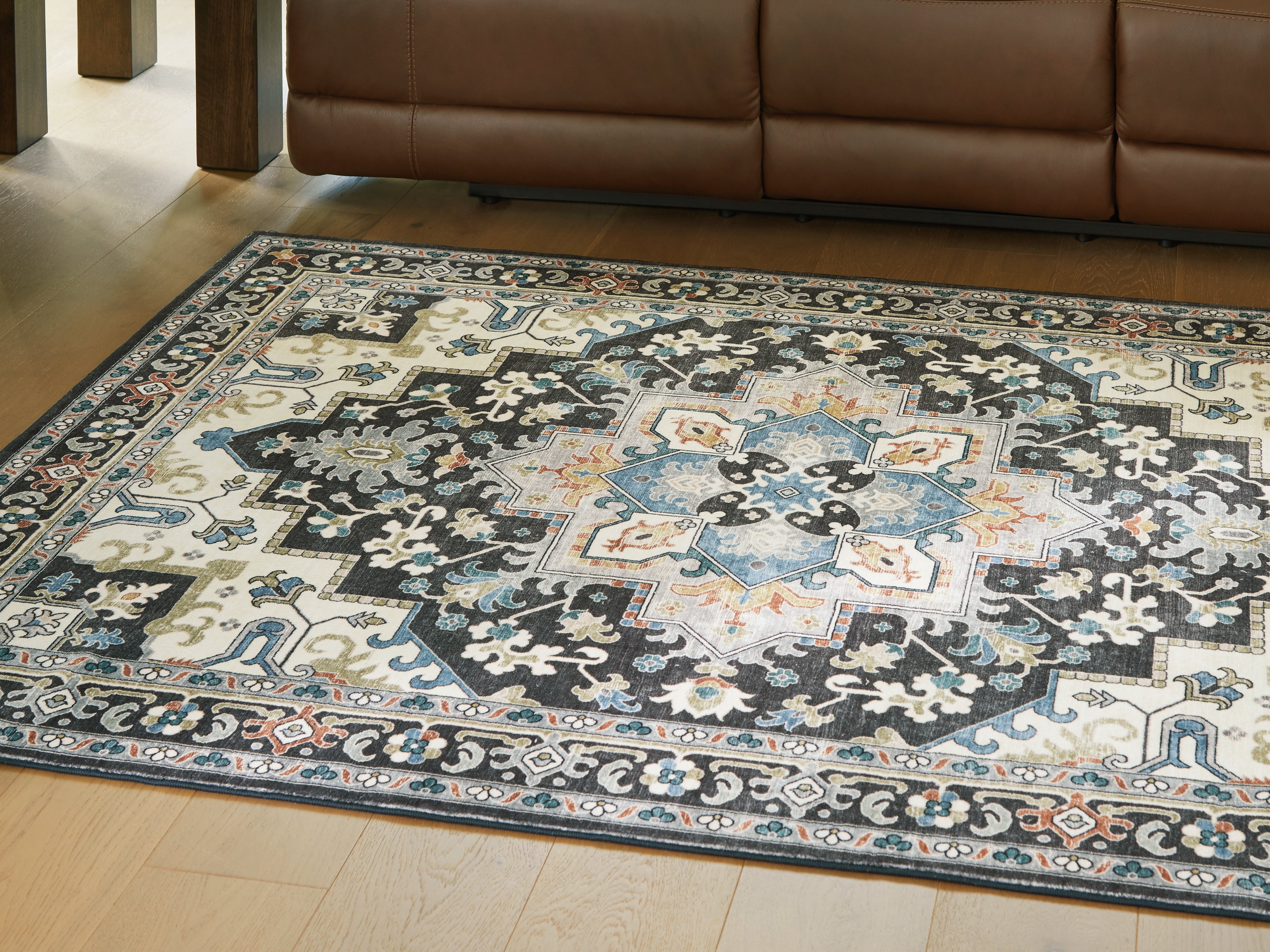 Fine Furniture & Decor - Ashley Furniture - Leningston Rug - 5' x 7' Washable Rug / Black/Cream/Blue - R407062