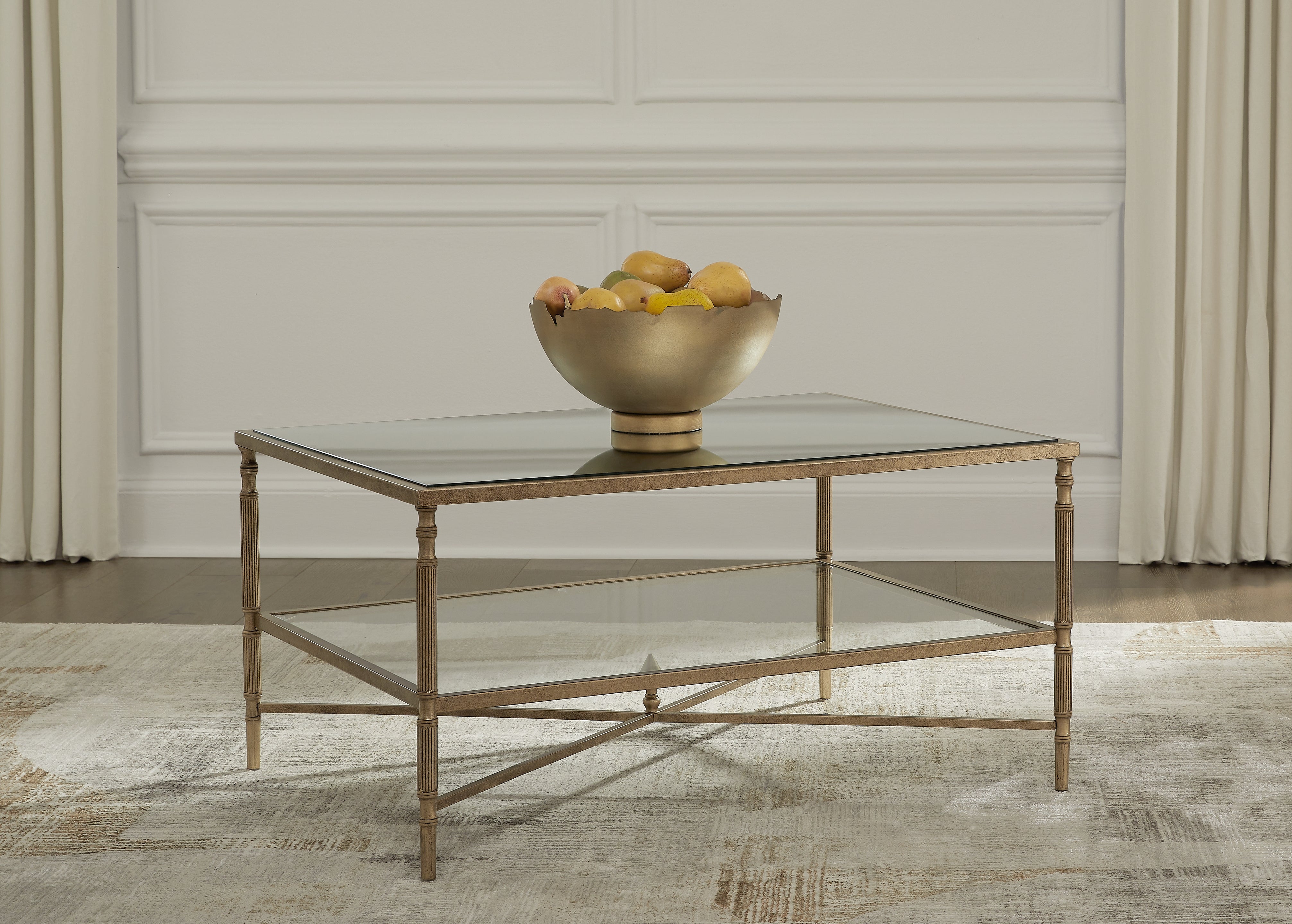 Fine Furniture & Decor - Ashley Furniture - Cloverty Coffee Table - Rectangular Cocktail Table / Aged Gold Finish - T440-1