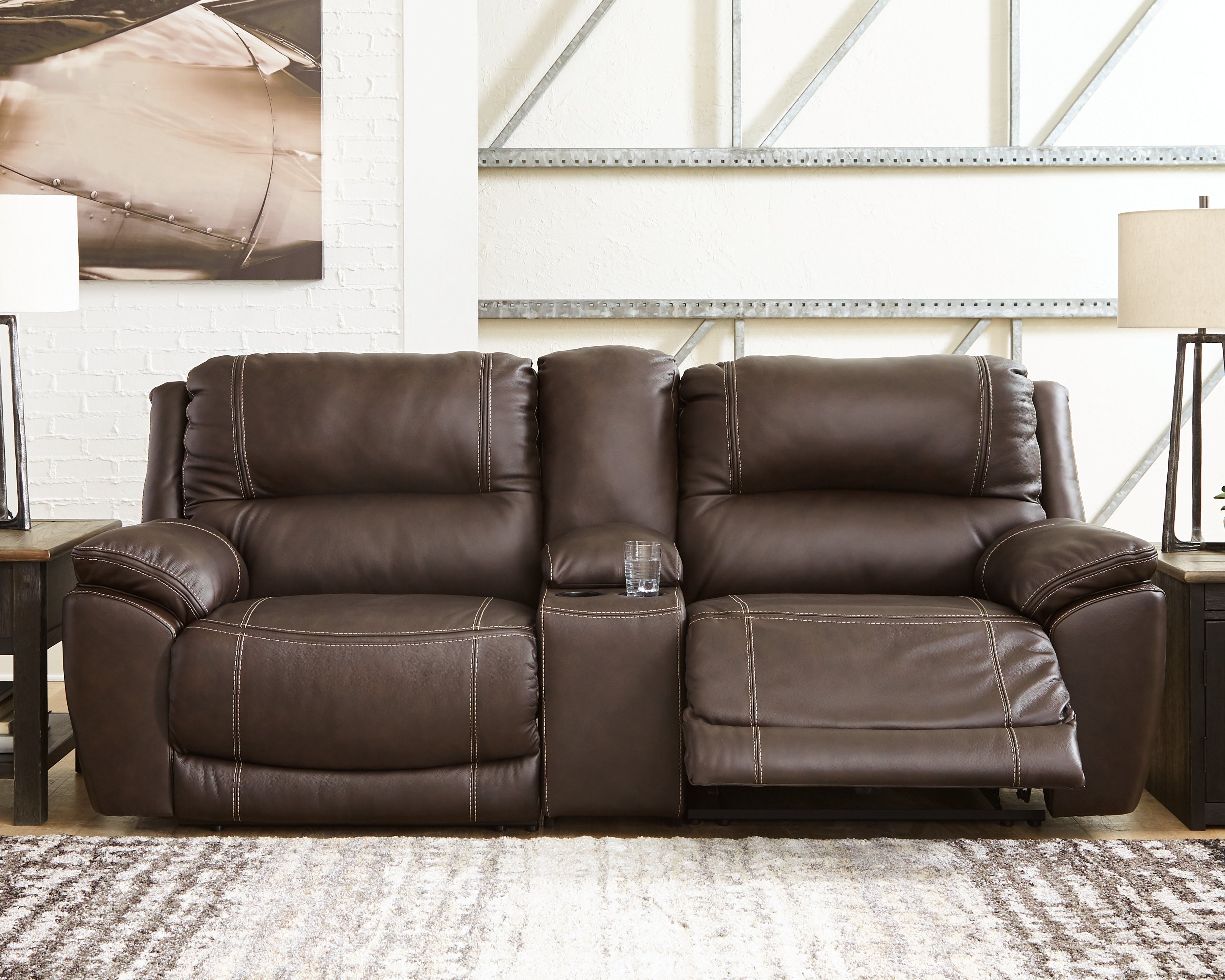 Fine Furniture & Decor - Ashley Furniture - Dunleith Sectional - 3-Piece Power Reclining Loveseat with Console / Chocolate - U71604S4
