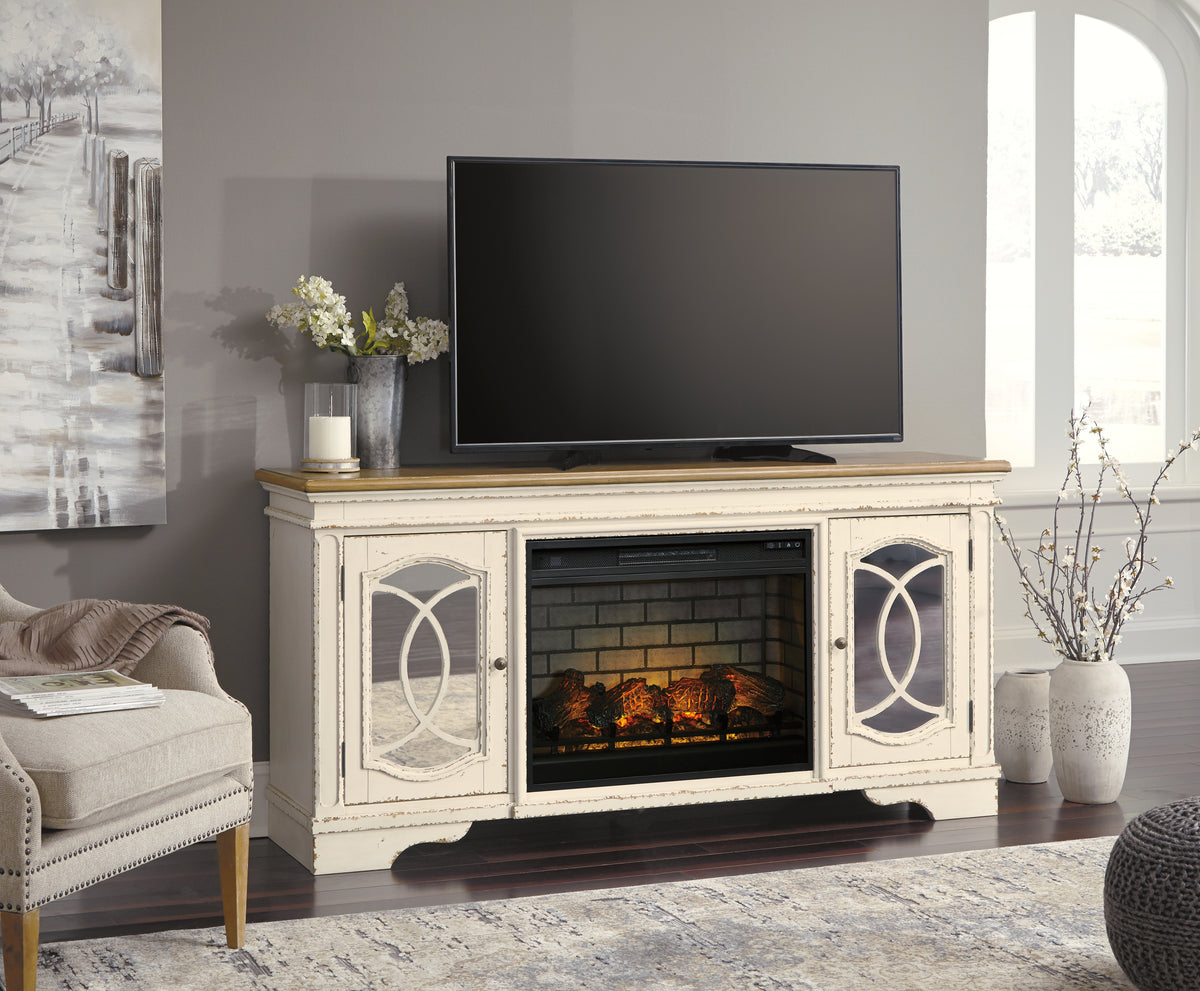 Fine Furniture & Decor - Ashley Furniture - Realyn 74" TV Stand with Electric Fireplace - 74" TV Stand with Electric Fireplace / Chipped White - W743W2